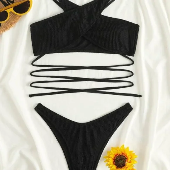 BOHO Criss Cross Halter style ribbed Bikini 2 piece Swimsuit BLACK - Picture 5 of 5